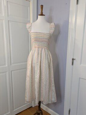 Madewell Dress Ruffle-Strap Smocked Ivory Rainbow Stripe Midi